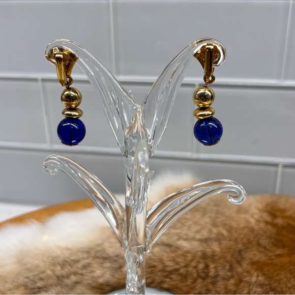 Ornate Gold Tone Dangle Earrings, Cobalt Blue Lucite/ Glass Bead Vintage Clip On - Picture 5 of 7